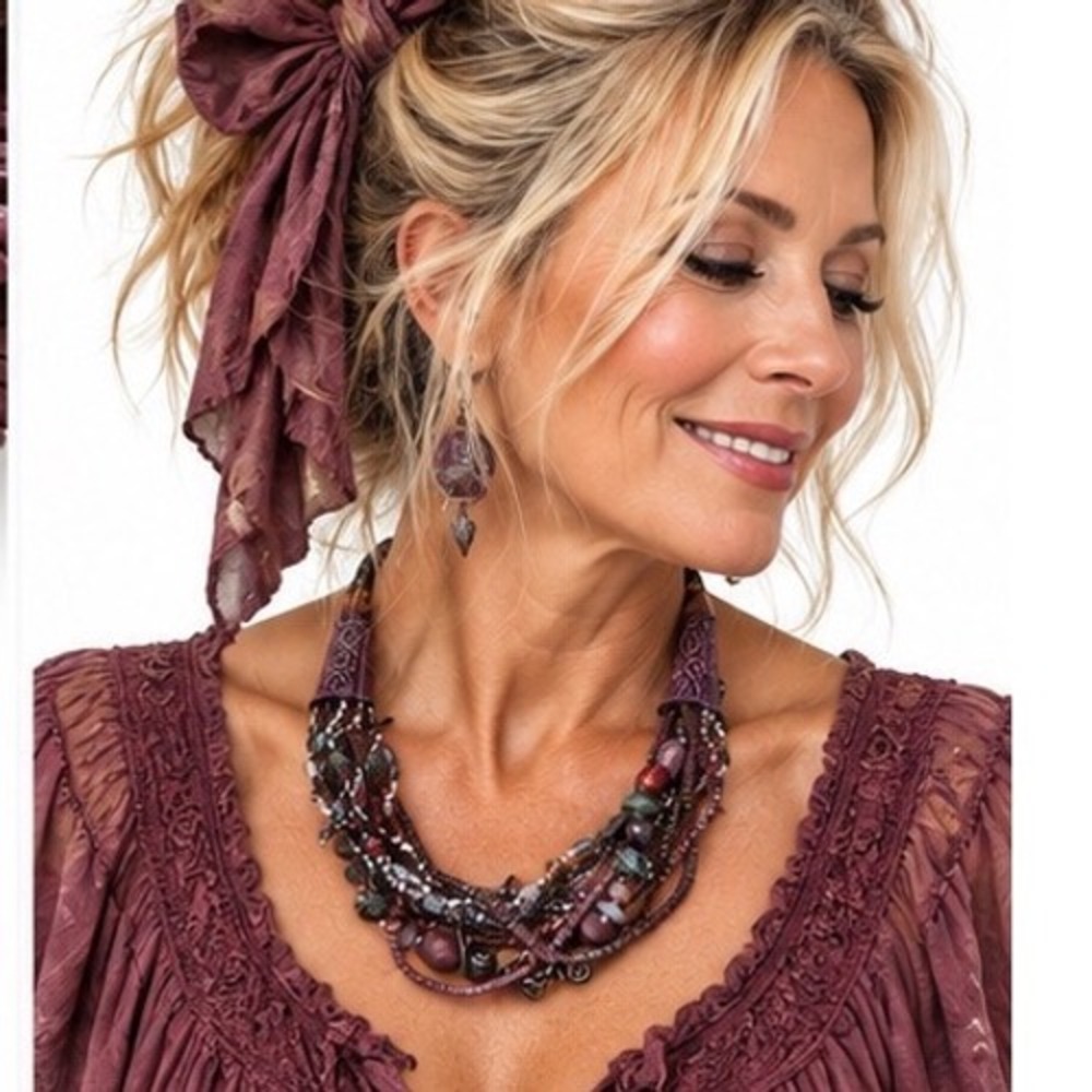 Bohemian Multi Strand Bib Necklace Textured Earthy Wood Glass Stone Beaded